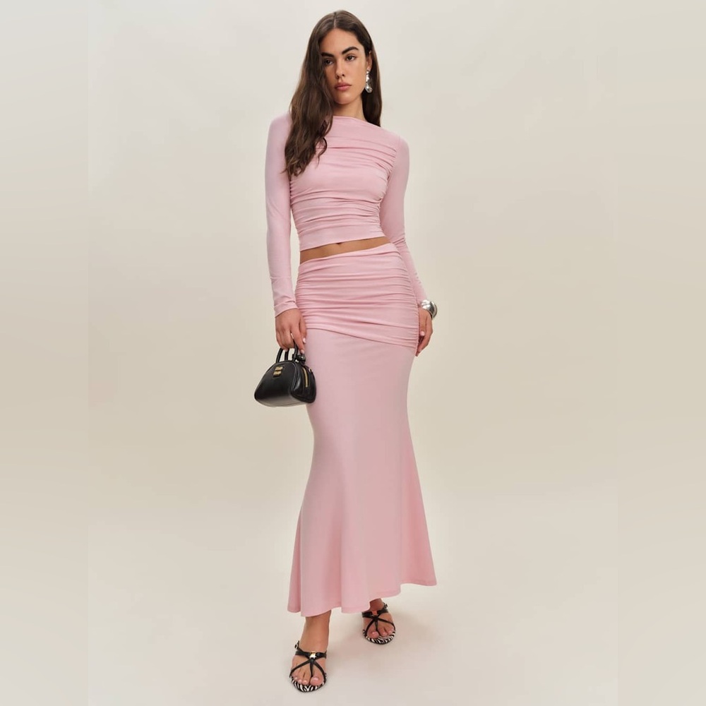 Reformation Emi Long-Sleeve Top & Maxi Skirt Knit Two Piece Pink - Size Medium